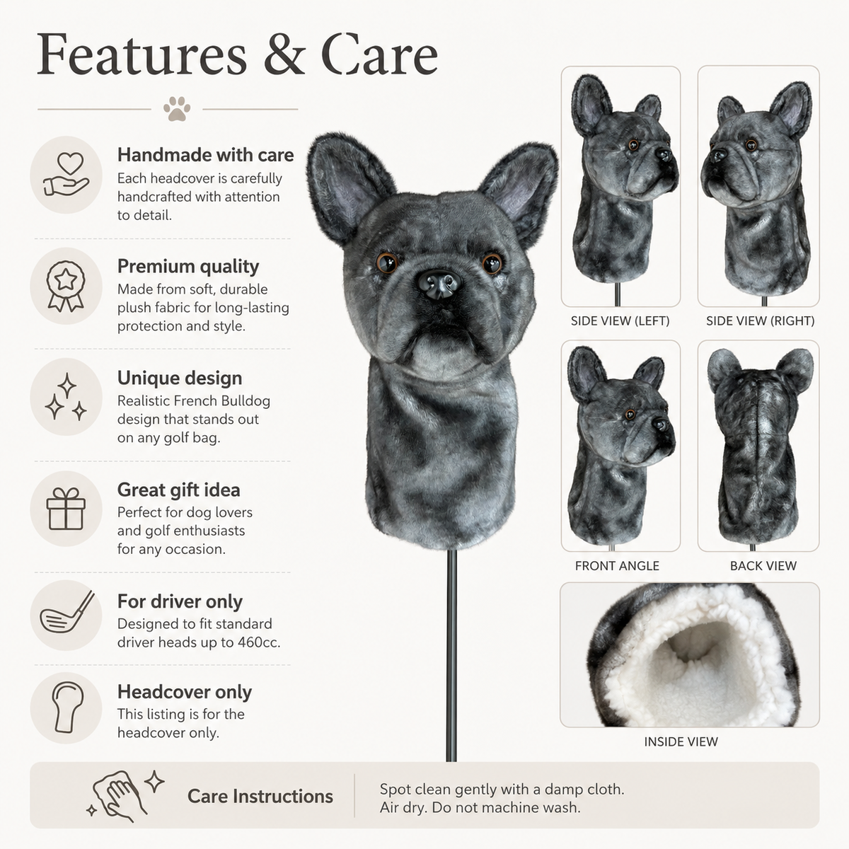 French Bulldog Golf Driver Headcover, Plush Dog Club Cover for No.1 Wood