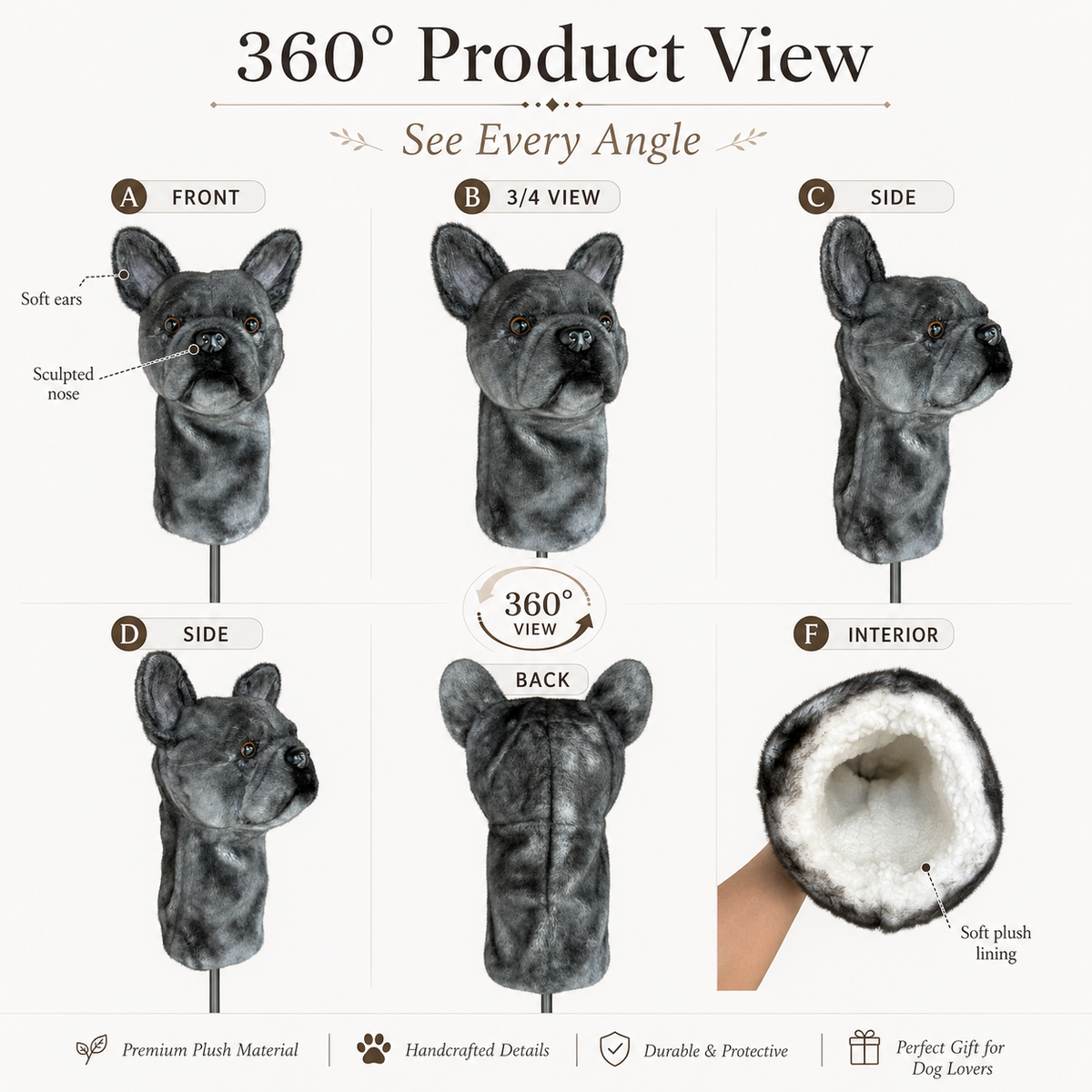 French Bulldog Golf Driver Headcover, Plush Dog Club Cover for No.1 Wood