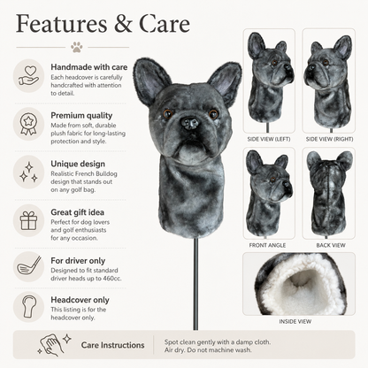 French Bulldog Golf Driver Headcover, Plush Dog Club Cover for No.1 Wood