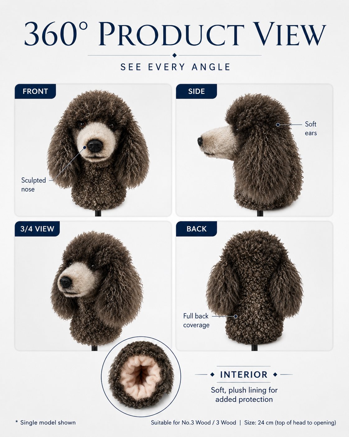 Gray Poodle Golf Driver Headcover, Plush Dog Club Cover for No.1 Wood