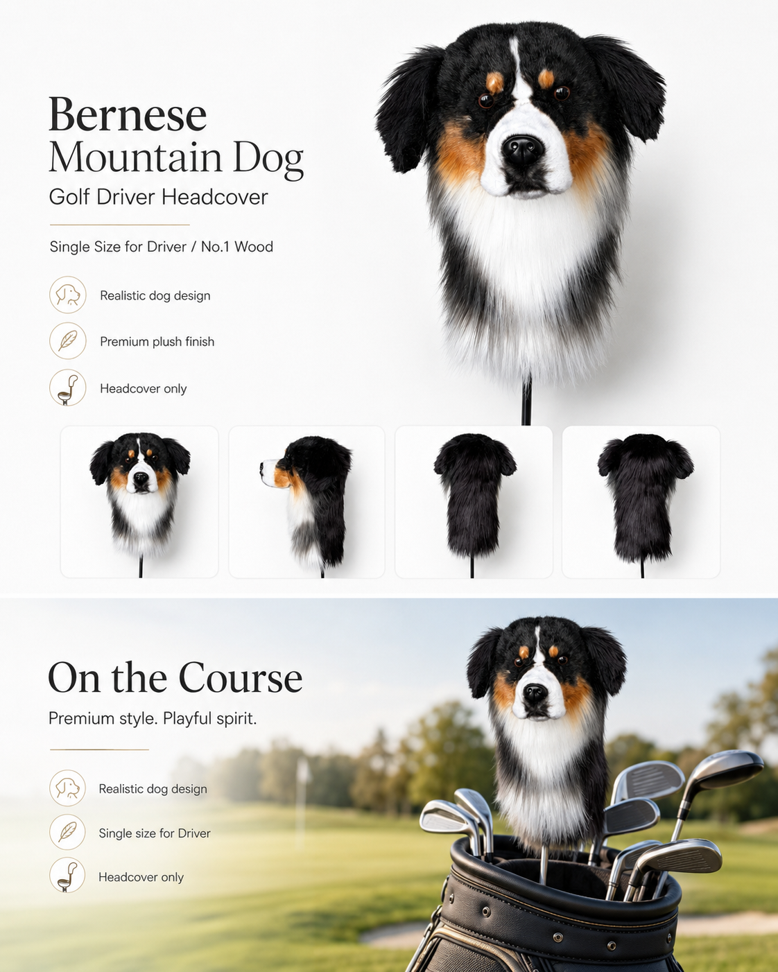 Bernese Mountain Dog Golf Head Cover | Plush Driver Club Cover | Custom Color Option